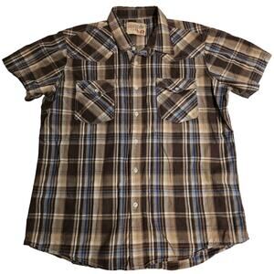 Vintage JNCO Crownbrand Short Sleeve Plaid Pearl Snap Shirt XL Brown Blue
